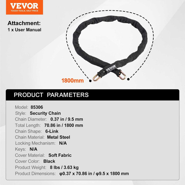 VEVOR Anti-Theft 5.91 Ft Heavy Duty Bike Chain Lock - 9.5mm - Black