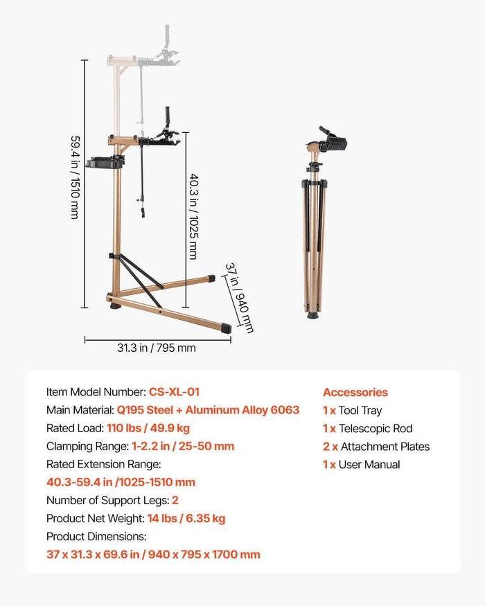 VEVOR Bike Repair Stand Max. 49.9 kg With 1025-1510mm Adjustable Height