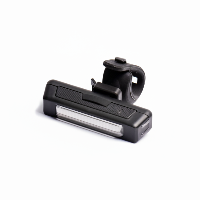 USB rechargeable LED bike light set with front white and rear red lights on black mounts