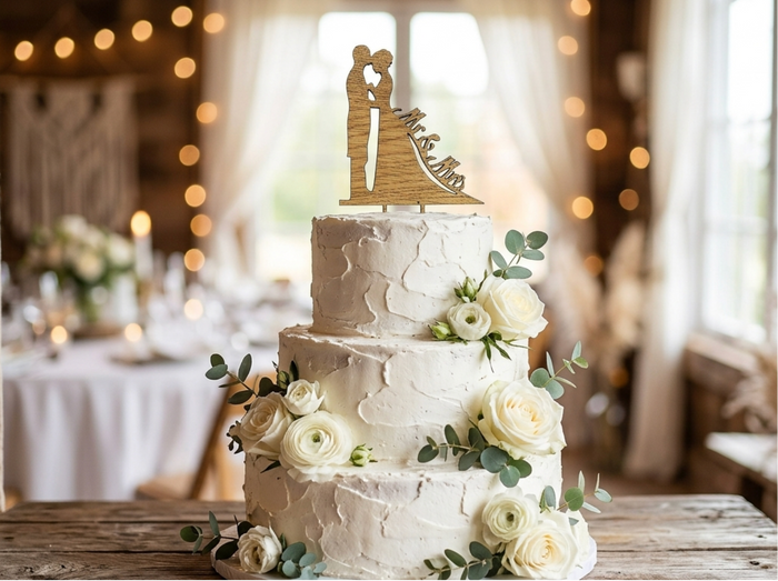 A three-tier white wedding cake with textured frosting, decorated with cream roses and green eucalyptus leaves, topped with a wooden bride and groom cake topper in a rustic indoor setting with warm string lights.