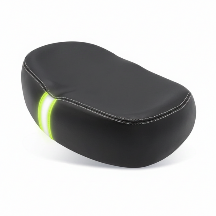 Wide memory foam noseless bicycle saddle with reflective tape for comfort and safety