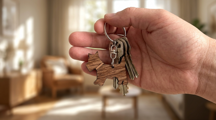 A hand holding a set of keys, including a wooden dog-shaped keychain, against a softly blurred living room background.