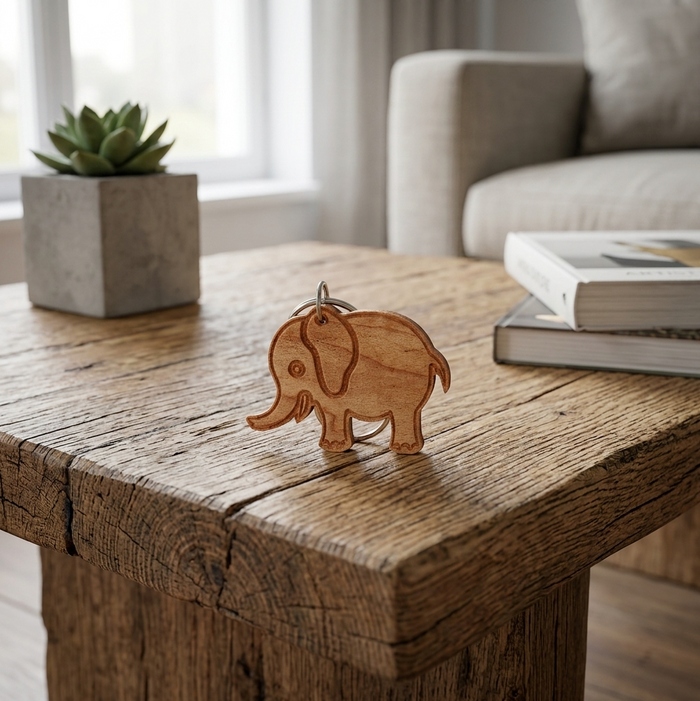 A small laser-cut wooden elephant keychain with a metal keyring, displayed on a rustic wooden coffee table in a cozy living room setting.