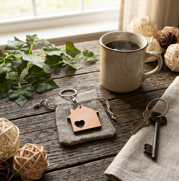 A wooden house-shaped keychain with a heart-shaped cutout lay on a small grey drawstring pouch on a rustic wooden table. A ceramic mug of coffee, a vintage-style key, green leaves, and woven decorative balls are arranged around it in a cozy indoor setting.