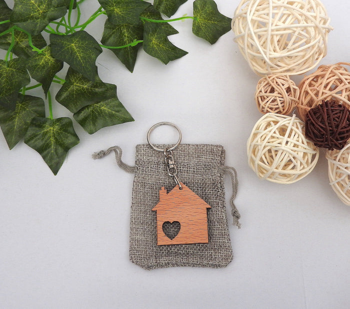 Wood House Keychain with Heart Cutout