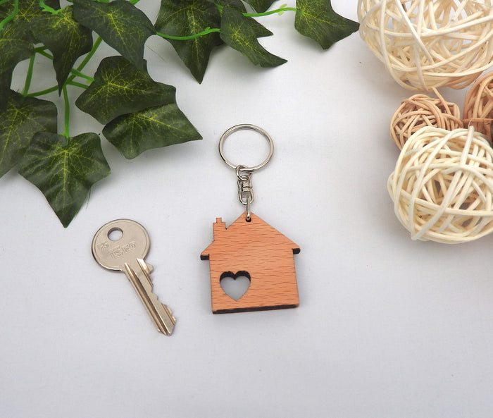 Wood House Keychain with Heart Cutout