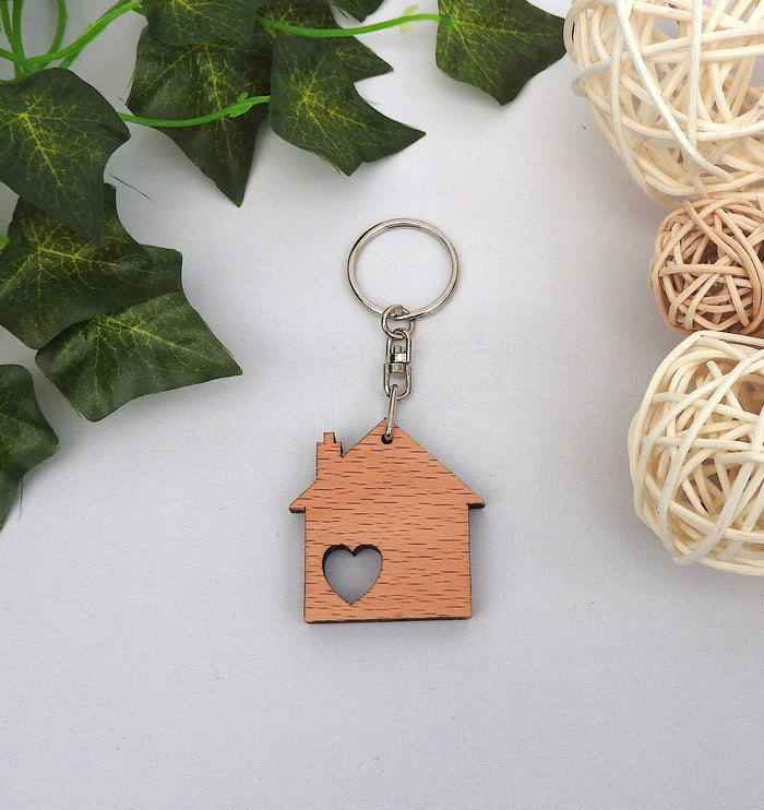 Wood House Keychain with Heart Cutout