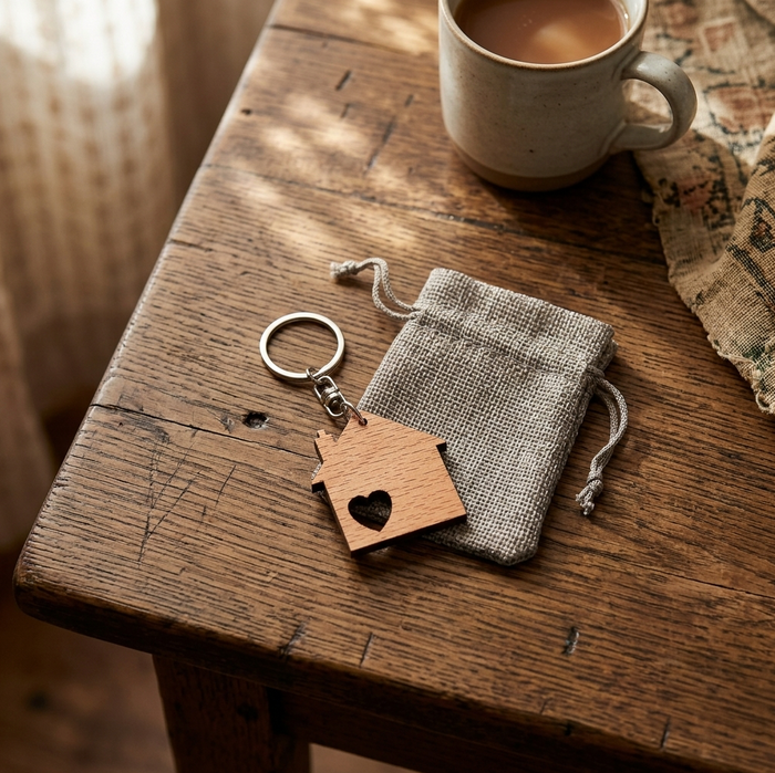 A wooden house-shaped keychain with a heart cutout, displayed on a rustic wooden table next to a small linen drawstring pouch and a ceramic mug.