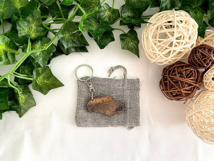 Wood Mini Car Keychain - Decorative Keyring with Gift Bag