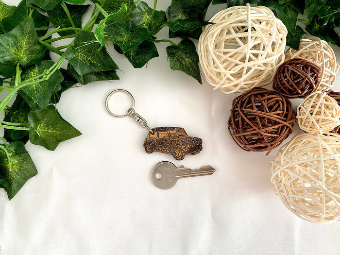 Wood Mini Car Keychain - Decorative Keyring with Gift Bag