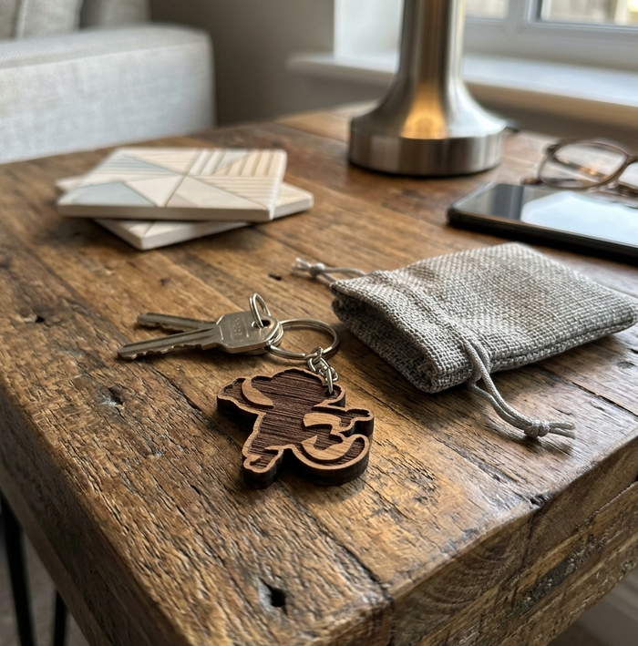 Hardwood monkey keyring with gift bag and keys, displayed on a rustic table in a modern living space