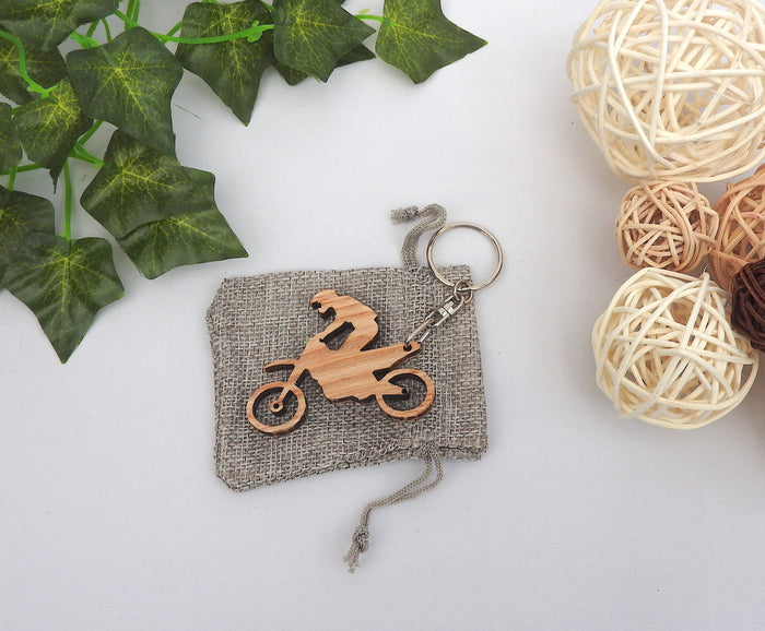 Wood Motorcycle Keychain - Motocross Keyring with Gift Bag