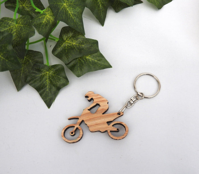Wood Motorcycle Keychain - Motocross Keyring with Gift Bag