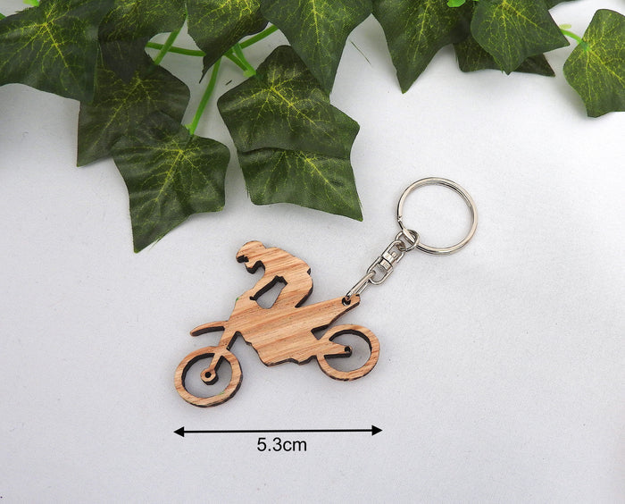 Wood Motorcycle Keychain - Motocross Keyring with Gift Bag