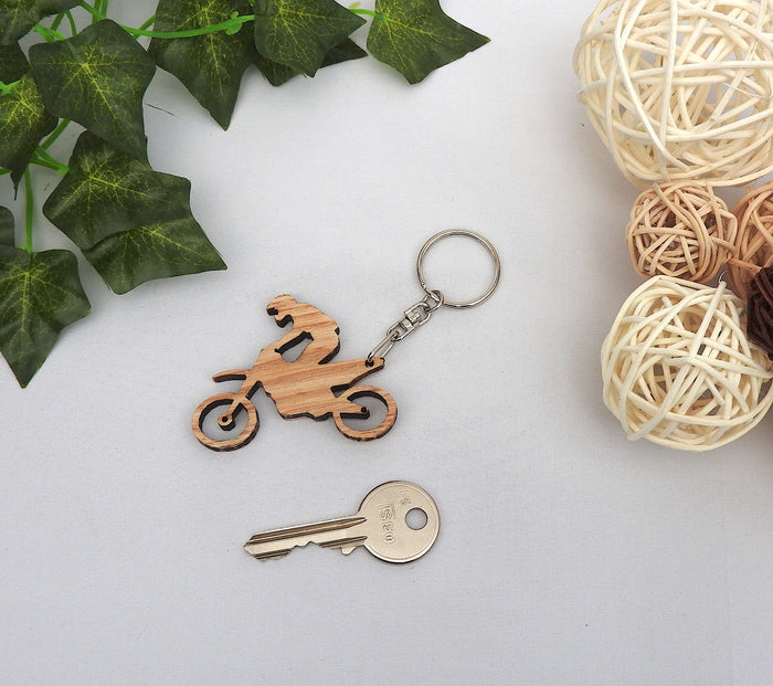 Wood Motorcycle Keychain - Motocross Keyring with Gift Bag