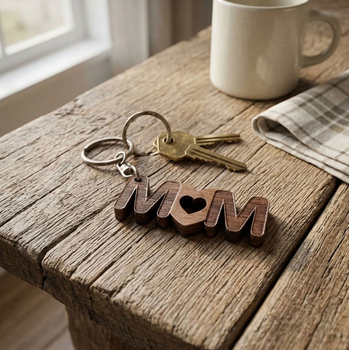 A wooden keychain spelling 'MOM' with a heart in the center, resting on a rustic wooden table next to keys, a white mug, and a plaid cloth.