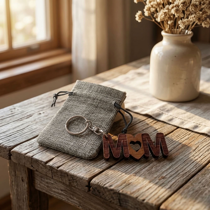 A small woven drawstring pouch with a silver keyring and a wooden 'MOM' keychain with a heart in the center, styled on a rustic wooden table next to a vase of dried flowers.