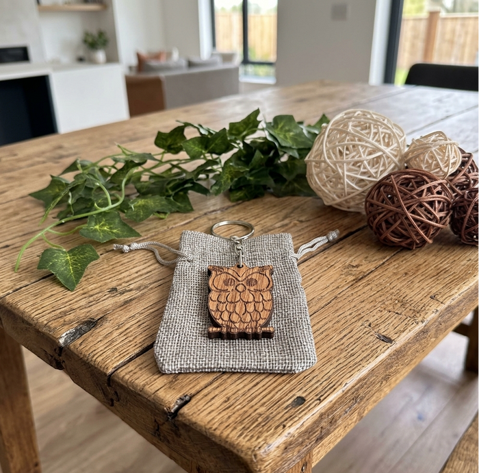 A small hardwood owl keychain resting on a grey hessian pouch, placed on a rustic wooden table with decorative green leaves, woven balls, and a blurred indoor home background.