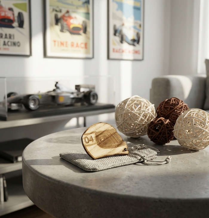 A solid hardwood racing helmet keychain personalised with a driver racing number. In a modern home with formula 1 racing decor