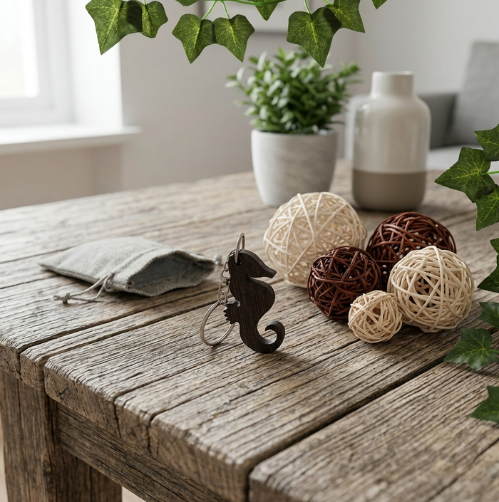 Wood Seahorse Keychain