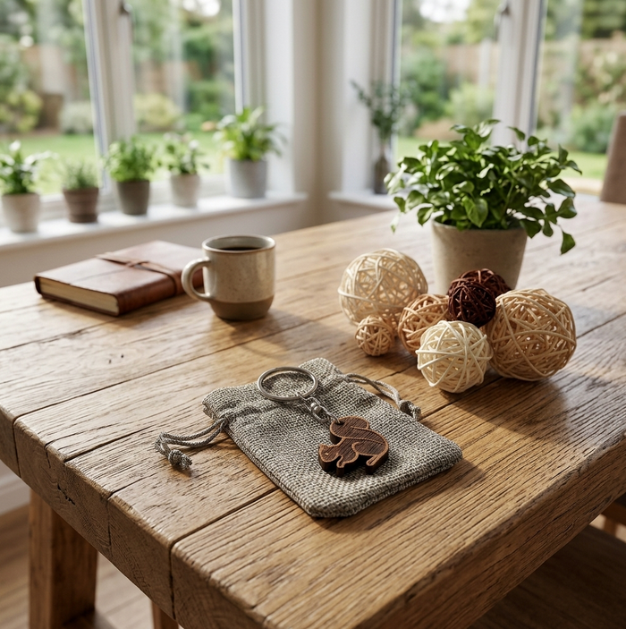 A rustic wooden table in a bright room, styled with a small grey burlap drawstring pouch holding a wooden squirrel keyring, alongside a mug, notebook, and decorative woven balls near potted plants by the window.