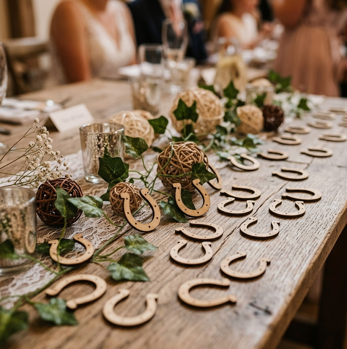 A rustic wooden table decorated for an event, featuring laser-cut wooden horseshoes arranged in rows alongside green ivy, woven ball centerpieces, and silver-toned glass candleholders. Blurred guests are visible in the background.