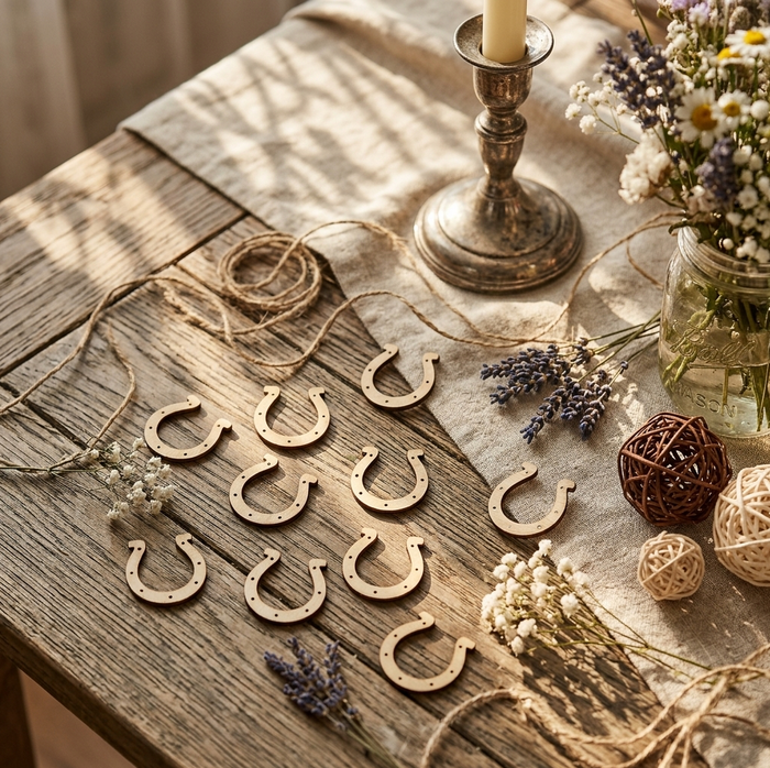 A styled tabletop arrangement with multiple small wooden horseshoe-shaped ornaments laid out on a rustic wood surface, alongside a candle holder, flowers, twine, and woven decor.