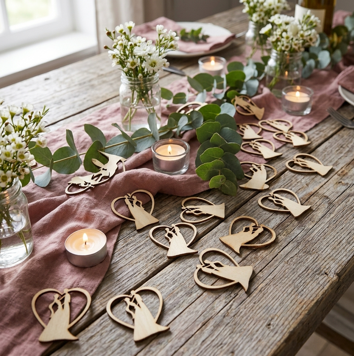 Wooden heart-shaped table decorations featuring a bride and groom silhouette, arranged on a rustic wooden table with a dusty pink linen runner, eucalyptus leaves, white flowers, and lit tea light candles.