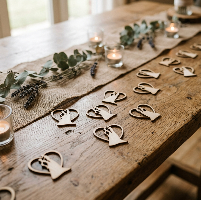 Wooden wedding table decor featuring heart-shaped bride and groom silhouettes, arranged on a rustic wooden table with a burlap runner, greenery, and lit candles.