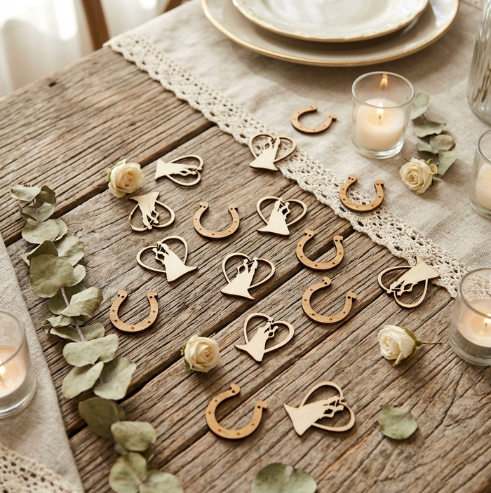 Wooden horseshoe and heart-shaped  bride and groom wedding table decor arranged on a rustic wooden table with a lace runner, candles, and eucalyptus leaves.