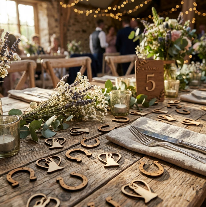 A rustic wedding table setting with wooden table numbers, horseshoe and bride and groom shaped table decor, floral centerpieces, and string lights in the background, with blurred people dining in a barn-like venue.