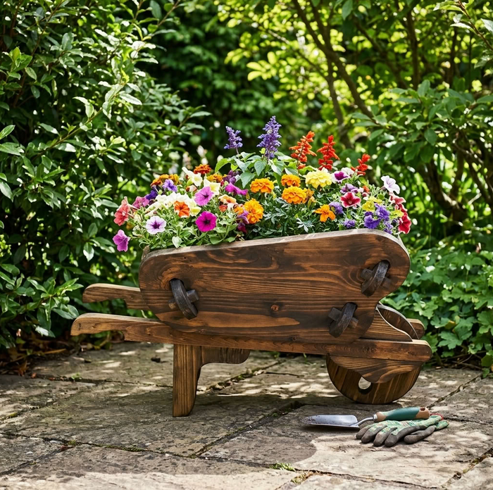 A rustic wooden wheelbarrow planter filled with a colorful assortment of petunias and marigolds, set on a stone patio in a lush garden with gardening tools nearby.