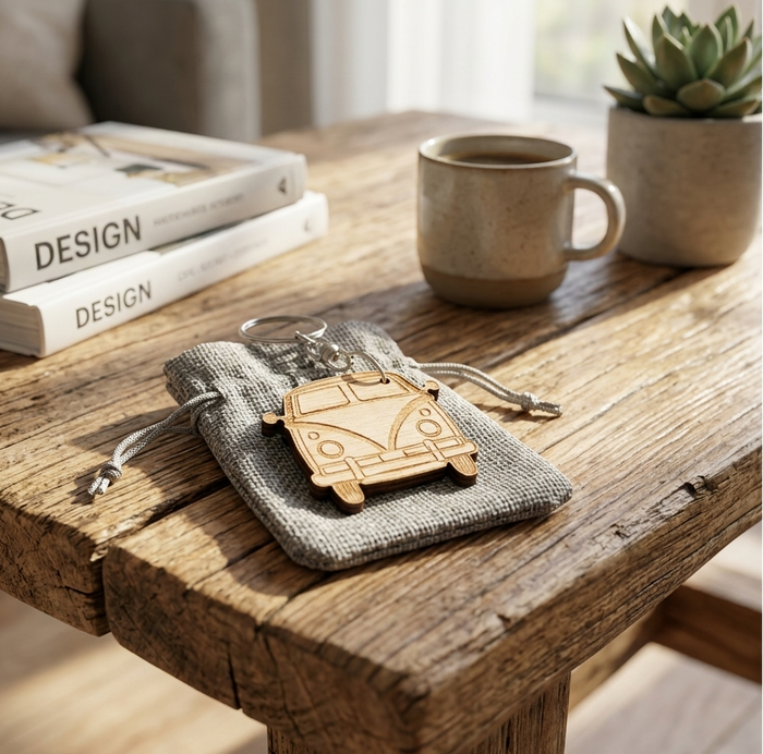 A solid hardwood camper van keychain on a grey hessian gift bag. Shaped like a VM Camper. On a rustic table with books, a cup of coffee and a succulent.