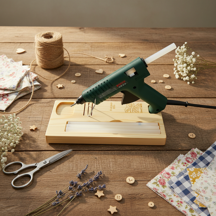 Hot glue gun with glue sticks on a wooden glue gun stand against a white background