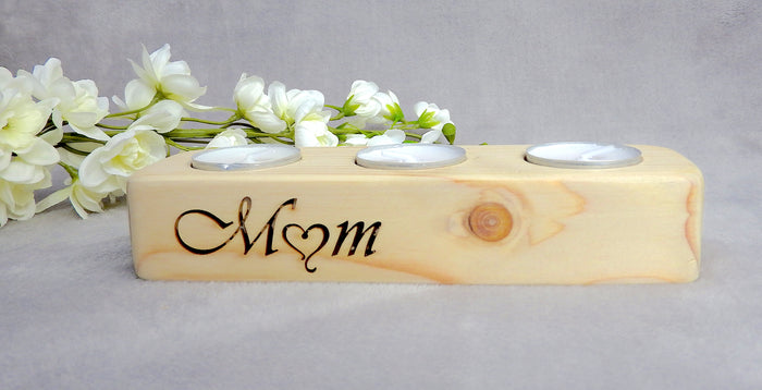 Wooden Tea Light Candle Holder – Engraved "Mother" & "Mom" Gift