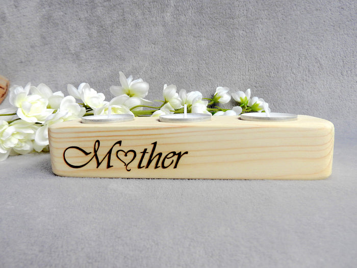 Wooden Tea Light Candle Holder – Engraved "Mother" & "Mom" Gift