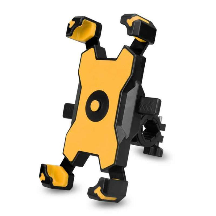 Yellow and black bike phone mount with secure grip and 360-degree rotation on bicycle handlebar